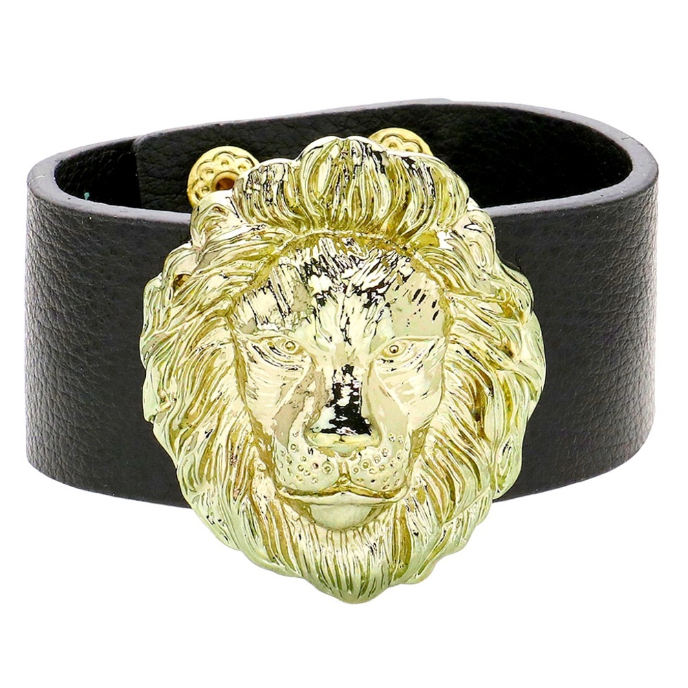 Gold Lion Accented Leather Snap Button Bracelet